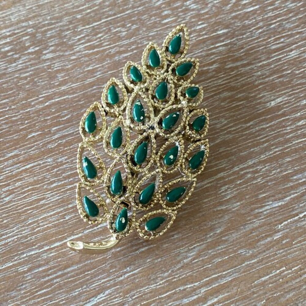 Vintage Signed Gerrys Gold-Tone Leaf Brooch Iridescent Green Enamel